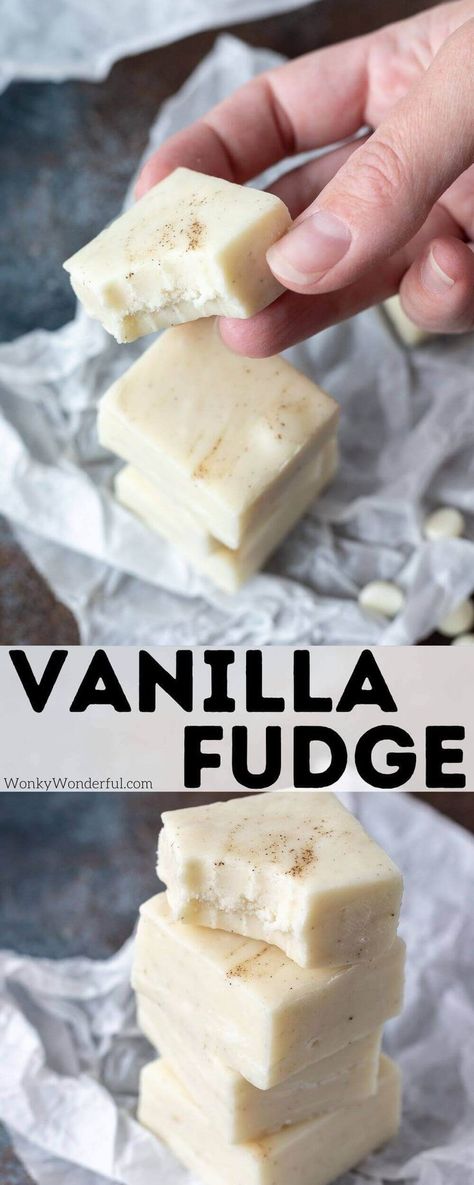 This Vanilla Fudge Recipe is so quick and easy to make. White chocolate microwave fudge with flecks of flavorful vanilla beans will be a holiday dessert favorite. #fudgerecipe #vanillafudge… More Vanilla Bean Fudge Recipe, Microwave Vanilla Fudge, Wedding Cake Fudge Recipe, Vanilla Fudge Recipe Condensed Milk, Fudge Recipes Vanilla, Fudge Recipes Microwave, Easy White Chocolate Desserts, White Chocolate Fudge Condensed Milk, Divinity Fudge Recipe