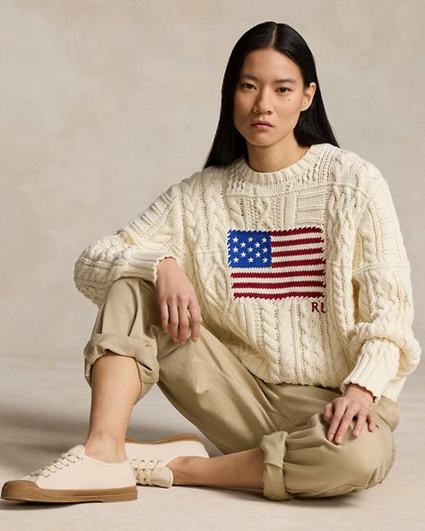 Aran-Knit Flag Cotton Sweater Preppy Clothing Brands, American Flag Sweater, Cotton Jumper, Ralph Lauren Sweaters, Preppy Outfits, Jumpers And Cardigans, Cotton Sweater, Crewneck Sweater, Jumpers For Women