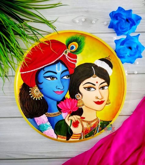 Radha Krishna Painting On Round Canvas, Hard Rangoli Designs For Diwali, Radhe Krishna Rangoli Designs, Radha Krishna Rangoli, Diwali Painting, Poster Rangoli, Ganesh Art Paintings, Buddha Art Drawing, Modern Art Canvas Painting