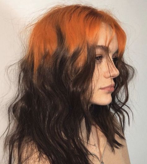 Ginger With Black Tips, Black Roots Orange Hair, Ginger Roots Black Hair, Red Roots Brown Hair, Orange Roots Black Hair, Fox Color Hair, Ginger Black Hair, Orange And Brown Hair, Bleached Roots