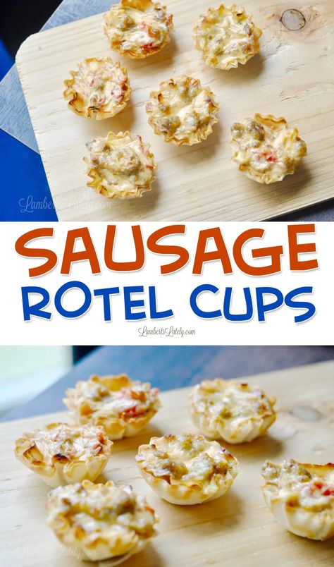 You will absolutely love this appetizer recipe for Sausage Rotel Cups - combines the flavors of Rotel tomatoes, Monterey Jack cheese, and Velveeta in a crispy phyllo cup for lots of texture and spicy flavor! Rotel Cups, Recipe For Sausage, Simmering Pot, Card Night, Phyllo Cups, Rotel Tomatoes, Hot Sausage, Amazing Appetizers, Spicy Sausage