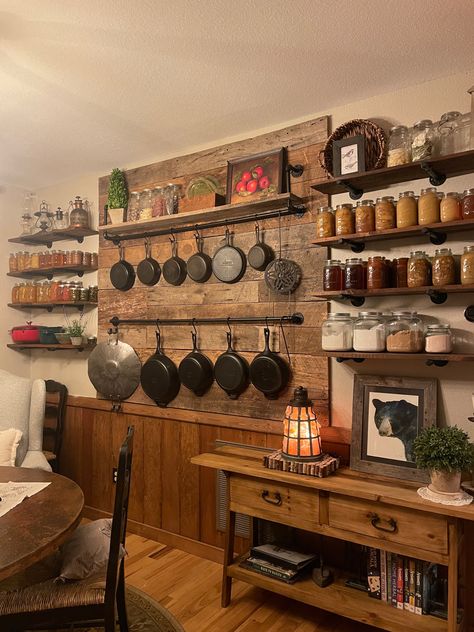 Beauty, efficiency, and accessibility at its best!  We love our wall! Wood Accents Kitchen, Rustic Kitchen Design, Farm Kitchen, Pantry Design, Decoration Idea, Kitchen Redo, Concrete Countertops, Cottage Kitchen, Decor Furniture