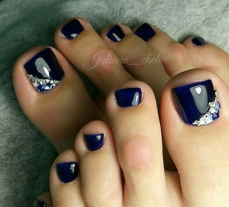 Dark Blue Rhinestone NailArt Dark Blue Nails Rhinestone, Dark Blue Pedicure Ideas, Dark Blue Toenails, Dark Blue Nails With Rhinestones, Navy Toe Nails, Navy Blue Pedicure, Dark Blue Pedicure, Dark Blue Toe Nails, Navy Blue Toes