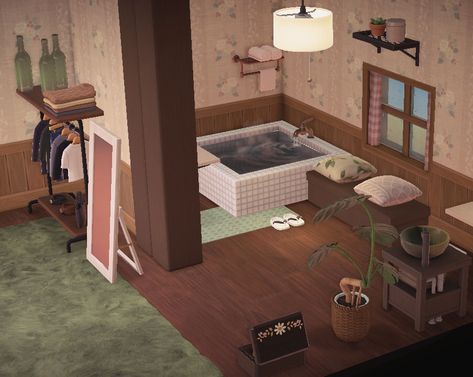 Acnh Bedroom With Bathroom, Acnh Small Bedroom, Bedroom Animal Crossing New Horizon, Animal Crossing Bathroom Ideas, Bathroom Animal Crossing, Acnh Bathroom Ideas, Animal Crossing Furniture, Animal Crossing Bedroom Ideas, Animal Crossing Bathroom