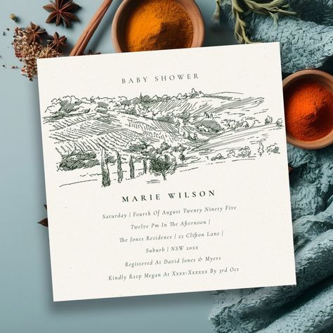 Green Winery Mountain Sketch Baby Shower Invite Vineyard Invitations, Wine Bridal Shower Invitations, Rustic Winery, Vineyard Wedding Invitations, Mountain Sketch, Bridal Shower Wine, Mountain Wedding Venues, Wedding Map, Letterpress Wedding