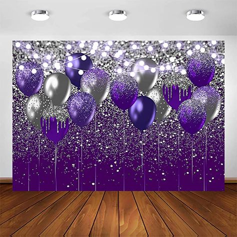 Purple Birthday Party Decorations, Purple Birthday Party, Glitter Backdrop, Backdrop For Birthday, Ballon Party, Birthday Party Photography, Log Candles, Led Balloons, Silver Balloon