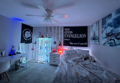 cybercore cyber web webcore room decor inspo design aesthetic blue purple lighting trendy bedroom evangelion Cybercore Bedroom, Purple Lighting, Desk Area, Pfp Anime, Trendy Bedroom, Aesthetic Blue, Design Aesthetic, The Bedroom, Bedroom