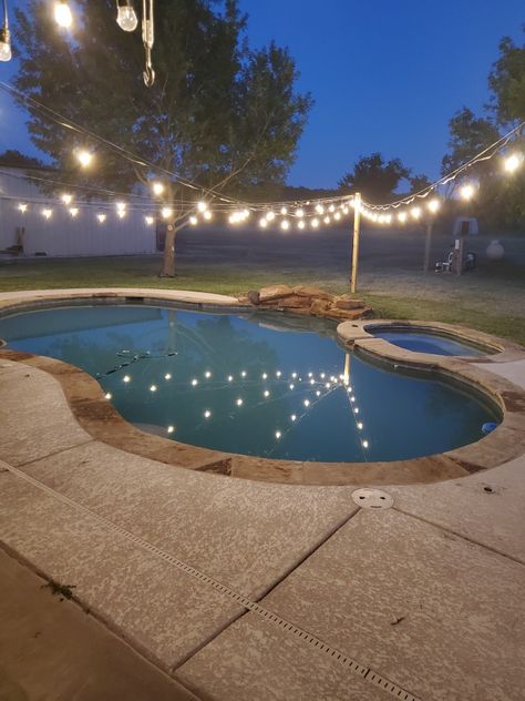 Pool Deck String Lights, Lights Around Inground Pool, Lights Across Pool, String Lights Over Pool Backyard, Backyard String Lights Pool, Hanging Lights Over Pool, Bistro Lights Pool, String Lights Above Pool, Hanging Lights Around Pool