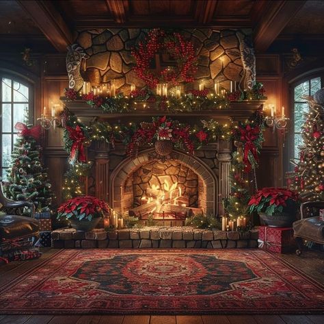 Victorian Christmas Fireplace, Christmas Stone Fireplace, Fireplaces Ideas Living Room, Christmas Interior Decor, Christmas Lockscreen, Castle Christmas, Fireplace Stockings, Stockings Christmas, Christmas Scenery