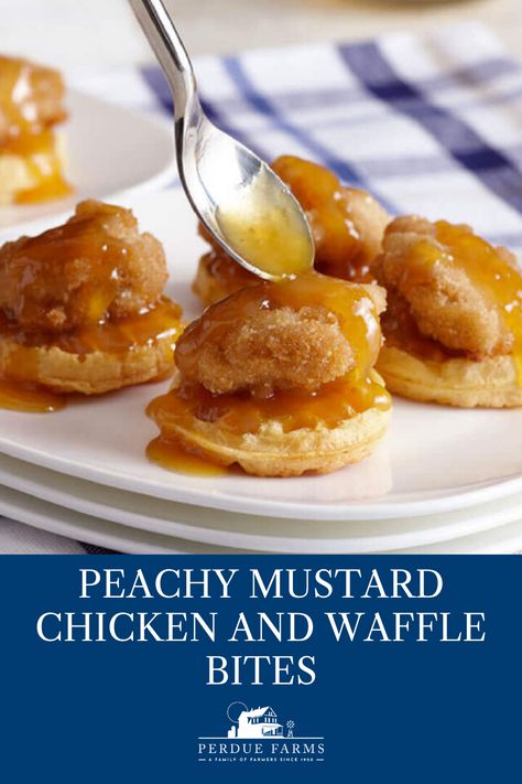 This recipe for peachy mustard chicken and waffle bites is quick and easy to make! Chicken breast chunks are placed atop mini waffles and topped with a peach jam and mustard sauce — a Southern classic (and a new family favorite). #dinner #lunch #breakfast #appetizer #snack #chicken #chickenrecipes #recipes #recipe #perduefarms #perduechicken #waffle #waffles #chickenandwaffles #snacktime #snacking #brunch #easyrecipes #peach #jam Chicken And Waffle Bites Appetizers, Chicken And Waffles Bites, Chicken Waffles Appetizer, Easy Chicken And Waffles Appetizer, Mini Waffle And Chicken, Chicken Waffle Bites, Mini Chicken And Waffles Appetizers, Chicken And Waffles Appetizer, Chicken And Waffle Bites