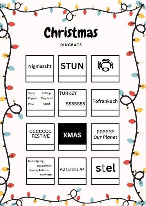 This is a digital product. There will be no physical product mailed to you. You are responsible for printing! This is an instant download file.                                                                                                  *Please note that the files are non-editable                                                                                           W H A T ' S ? DINGBATS What is a "Dingbat": Dingbats are visual word puzzles from which a well known phrase or saying has to Christmas Rebus Puzzles Free Printable, Christmas Dingbats With Answers, Christmas Dingbats, Word Puzzles For Adults, Puzzles For Adults, Christmas Picture Quiz, Christmas Puzzles Printables, Word Brain Teasers, Riddle Puzzles