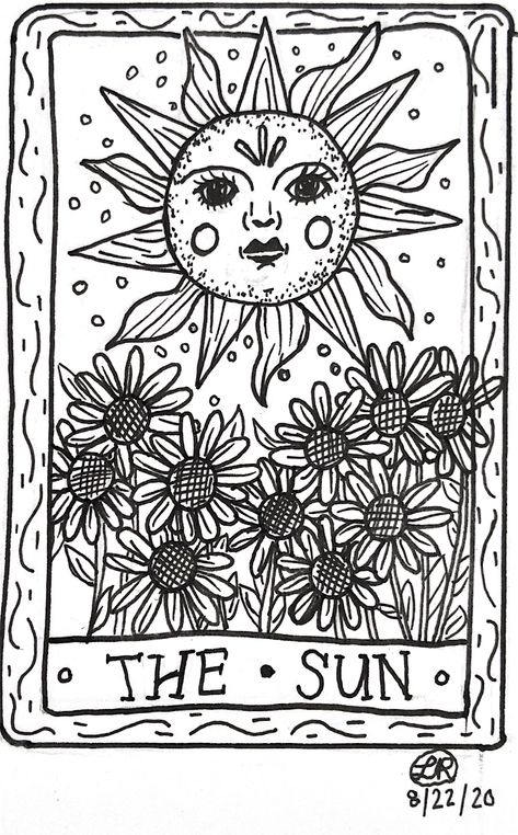 ☼The Sun☼ tarot card drawing Tarot Card Coloring Pages, Sun Coloring Pages, Easy Tattoo, Witch Coloring Pages, Adult Coloring Designs, Tarot Cards Art, 카드 디자인, Drawing Digital, Card Drawing