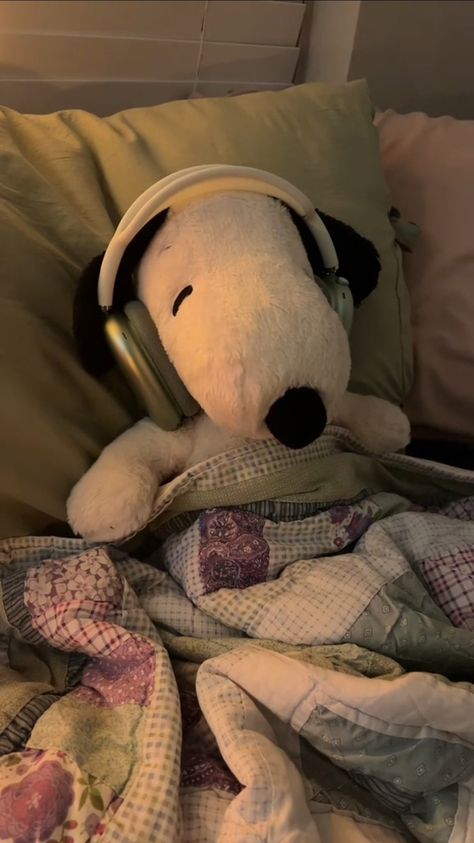 Headphones, Snoopy, Teddy Bear, Bed