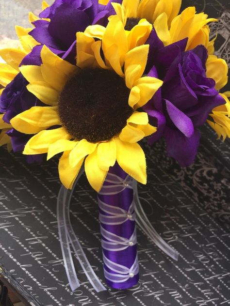 Silk Sunflower & Purple Rose Wedding Bouquet Purple And Yellow Wedding, Wedding Sunflowers, Sunflower Purple, Sunflower Bridal Bouquet, Yellow Wedding Bouquet, Wedding Flowers Sunflowers, Wedding Flower Guide, Purple Bouquets, Sunflowers And Roses