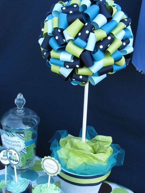 Train Birthday Party Ideas | Photo 16 of 16 Ribbon Topiary, Topiary Diy, Craft Closet, Education Games, Topiary Tree, Sweet Trees, Trains Birthday Party, Train Birthday, Chocolate Bouquet