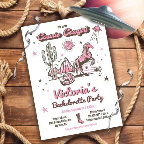 Cosmic Space Cowgirl Western Bachelorette Party Invitation  Zazzle Space Cowgirl Party Invitations, Cosmic Cowgirl Bachelorette Party, 30 Bday Ideas, Bride Template, Cowboy Party Invitations, Western Bachelorette Party, Cowgirl Bachelorette Party, Cosmic Cowgirl, Retro Invitation