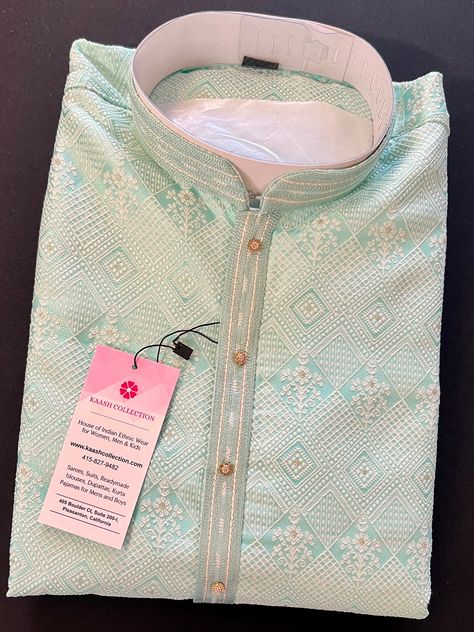 Embossed Embroidery, Men's Kurta, Sea Green Color, Mens Kurta Designs, Indian Dresses Traditional, Wedding Groomsmen, Kurta Pajama, Readymade Blouse, Color Pastel