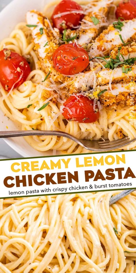 This creamy lemon chicken pasta combines bright and tangy creamy pasta, crunchy baked chicken cutlets, garlicky burst cherry tomatoes, and savory Parmesan cheese. It's a great weeknight-friendly dinner idea that the whole family will love! Crunchy Baked Chicken, Creamy Lemon Chicken Pasta, Burst Cherry Tomatoes, Baked Chicken Cutlets, Flexitarian Recipes, Lemon Chicken Pasta, Creamy Lemon Chicken, Chicken Dishes Easy, Best Pasta Recipes