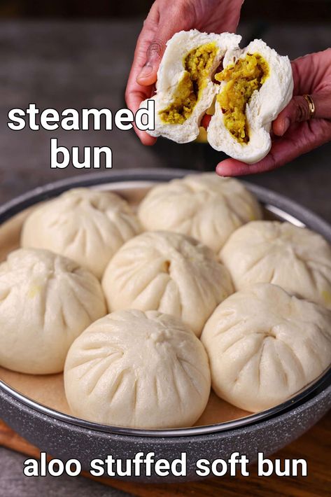 steamed bun recipe | aloo masala stuffed buns | soft fluffy steamed buns Steam Buns Recipe, Stuffed Buns, Aloo Masala, Hebbars Kitchen, Healthy Savory Snacks, Hebbar's Kitchen, Spicy Snacks Recipes, Potato Flour, Breakfast Recipes Indian