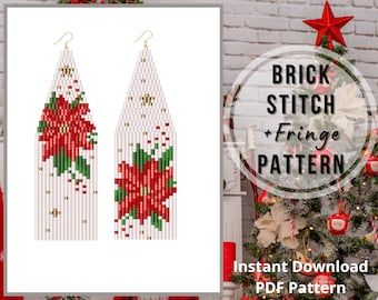 Poinsettia Beaded Earrings, Christmas Seed Bead Earrings Patterns, Christmas Seed Bead Earrings, Bead Earring Patterns, Beaded Christmas Earrings, Christmas Beaded Earrings, Poinsettia Earrings, Seed Bead Flowers, Holiday Beading