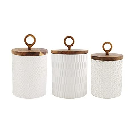 Mud Pie 49300035 85 Stoneware Canister Set, Cream, Small 8" x 4.5" | Medium 9.25" x 5.25" | Large 10.75" x 6", 50 3 Piece Kitchen Canister Set, Kitchen Canister Set, Coordinating Patterns, Kitchen Canisters, Canister Sets, Mud Pie, Kitchen Storage Organization, Canisters, Surface Design