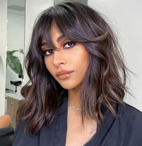 Shattered Chocolate Brown Lob with Curtain Bangs Brunette Fall Hair 2023 Bangs, Dark Hair Balayage Bangs, Brunette Fall Hair 2023 Short, Brunette Bangs Shoulder Length, Brunette Balayage Hair With Bangs, 2024 Hair Cuts, Brunette Fall Hair 2023, Curly Lob Haircut, Long Lob Haircut