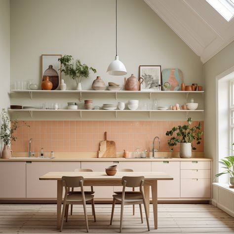 Dreamy Kitchens, Green Kitchen Designs, Peach Kitchen, Coastal Kitchen Decor, Sage Green Kitchen, Kitchen Decorating Ideas, Kitchen Aesthetic, Aesthetic Kitchen, Inspiration Kitchen