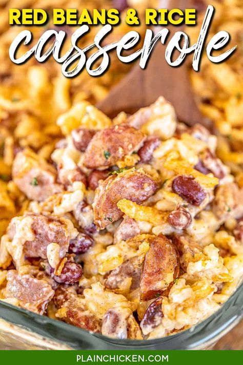 Red Beans & Rice Casserole - dirty rice loaded, smoked sausage, red beans, and fried onions. SO good and SUPER easy to make! Zatarain's Dirty Rice, sour cream, cream of chicken soup, red beans, smoked or andouille sausage, and french fried onions. Can make in advance and refrigerate or freeze for later. #cajun #mardigras #casserole #rice #freezermeal #smokedsausage Beans And Rice Casserole, Plain Chicken Recipes, Plain Chicken Recipe, Sausage And Rice, Red Beans Rice, Oven Roasted Asparagus, Main Dish Casseroles, Mardi Gras Food, Red Beans And Rice