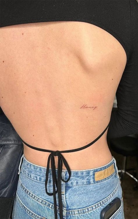 Tattoo Written Words, Light Word Tattoo, Quote Tattoo On Back, Rare Word Tattoos For Women, Small Subtle Tattoos For Women, 4 Letter Word Tattoo, Word Meaning Tattoos, Small Tattoo Ideas Words, Back Tattoo Small Women