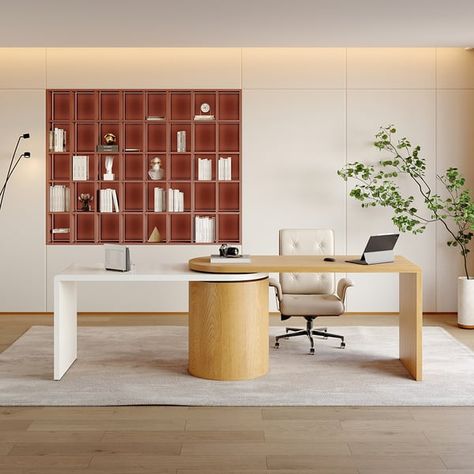 Modern L Shaped Desk in Natural & White with Cabinet & 2 Drawers Executive Office Desk Desk In Center Of Office, Modern Office Desk Design, White L Shaped Desk, Modern L Shaped Desk, Bathroom Vanity Remodel, L Shaped Executive Desk, Living Room Pouf, Executive Office Desk, Shaped Desk