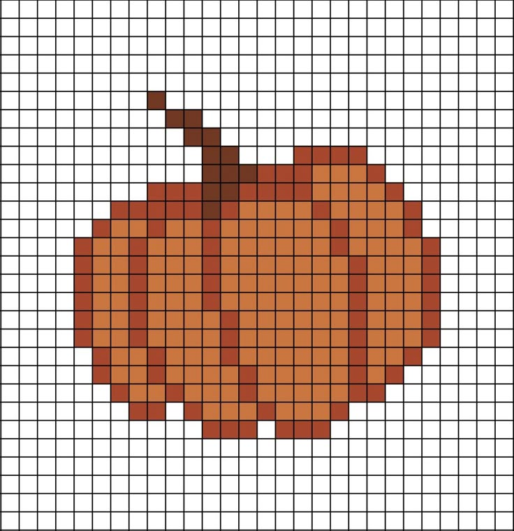 A pixel art template of a Pumpkin (not carved) flat with no shading. Tiny Pumpkin Cross Stitch, Pixel Drawing Halloween, Perler Bead Patterns Pumpkin, Jack O Lantern Pixel Art, Crochet Grid Patterns Fall, Pixel Art Thanksgiving, Small Disney Pixel Art, Pumpkin Grid Pattern, Pumpkin Tapestry Crochet