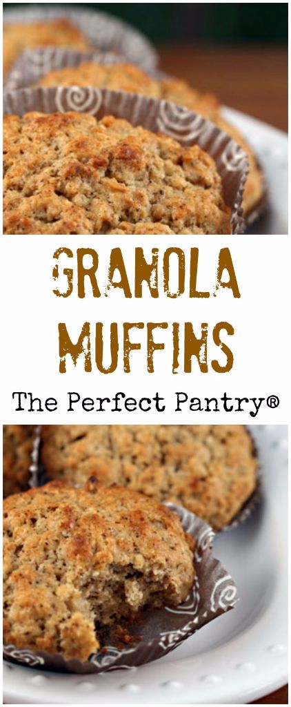 granola muffins on a plate with text overlay that reads the perfect pantry