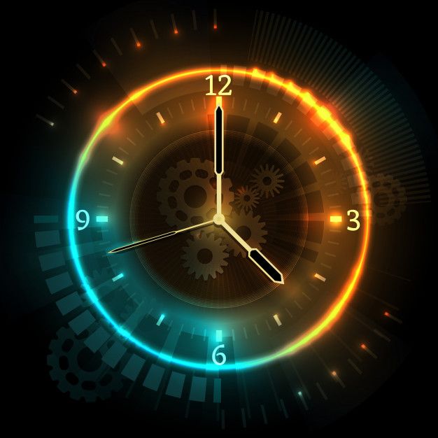 an abstract clock with glowing gears and numbers on the face in blue, yellow and orange colors