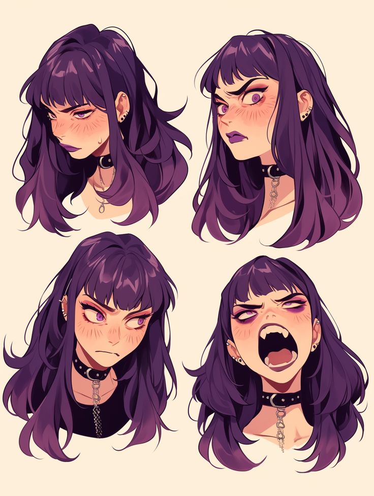 four different poses of a woman with purple hair and piercings on her ears, wearing black