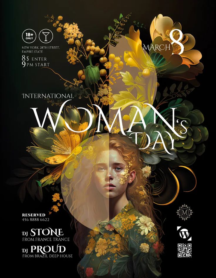 a woman's day poster with an image of a woman and flowers on it