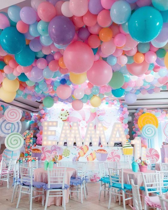 a room filled with lots of balloons and chairs