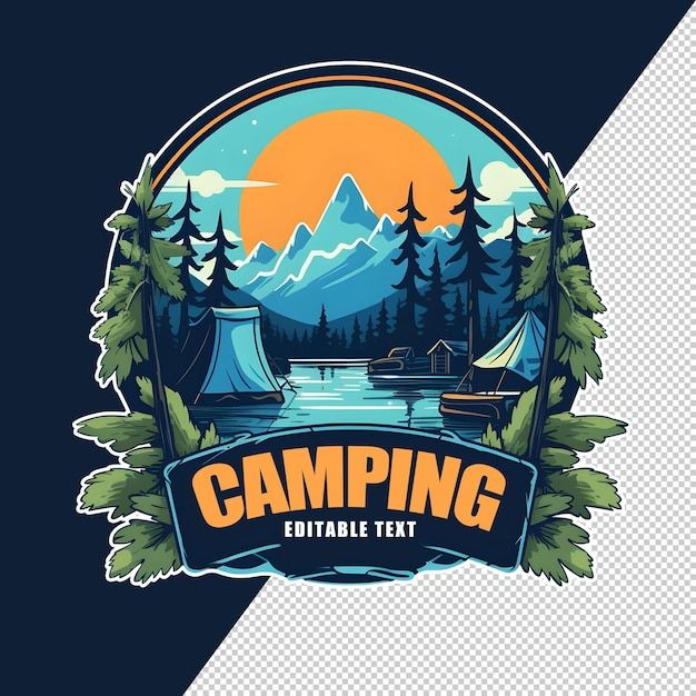 the camping emblem with trees and mountains in the background