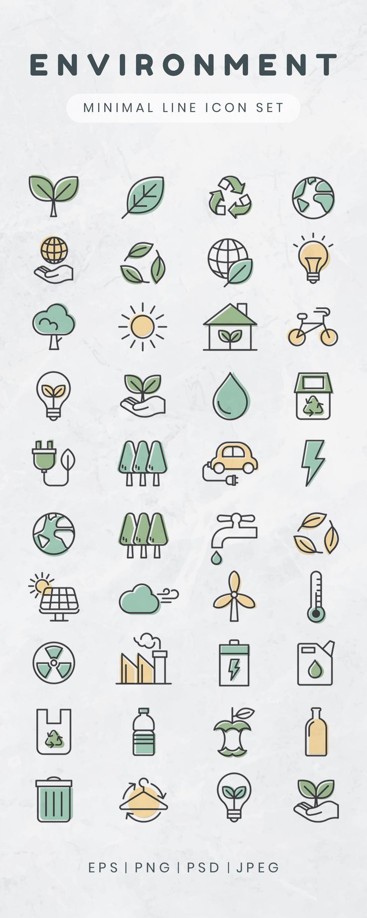 the environmental icon set is shown in green and yellow colors, including trees, plants, water