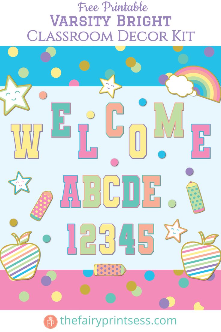 Free printable varsity bright theme classroom decor bulletin board kit to help save teachers time for wall displays or classroom door display featuring rainbows, stars, apples, pencils, stripes, confetti, polka dots, and collegiate typography in an easy to print and cut out PDF file Collegiate Typography, Bright Classroom Decor, Classroom Door Displays, Bright Classroom, Printable Classroom Decor, Wall Displays, Cute Colors, Door Displays, Theme Classroom