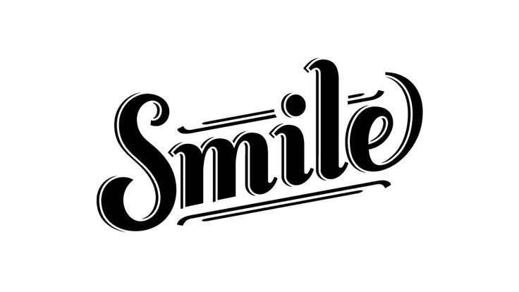 the word smile written in black ink on a white background with an ornate font that reads,