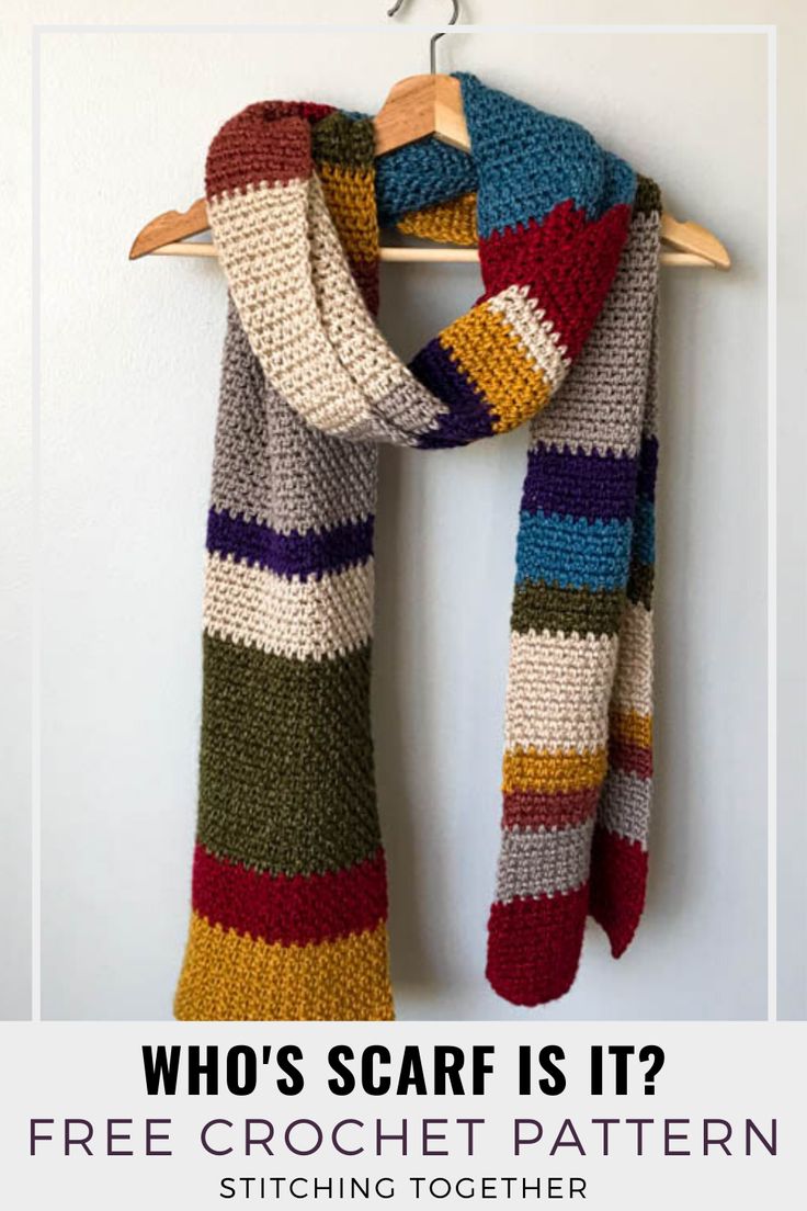 a multicolored scarf hanging on a wall with the text who's scarf is it? free crochet pattern