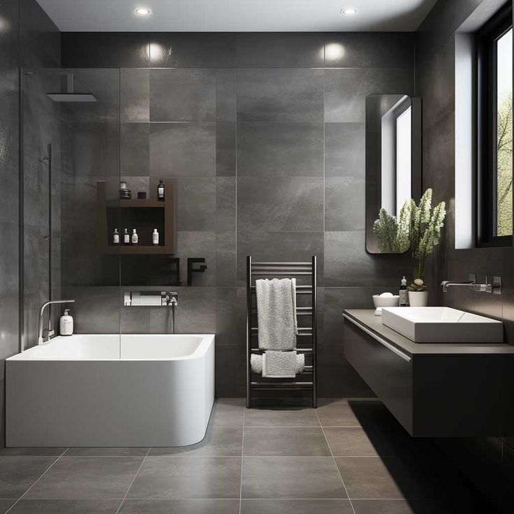 a modern bathroom with grey walls and tile flooring, large bathtub next to the sink