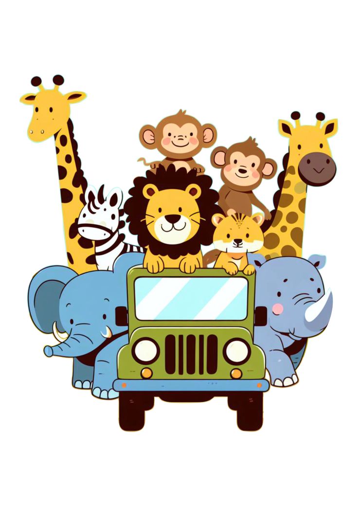 a group of animals riding on the back of a green jeep in front of a giraffe