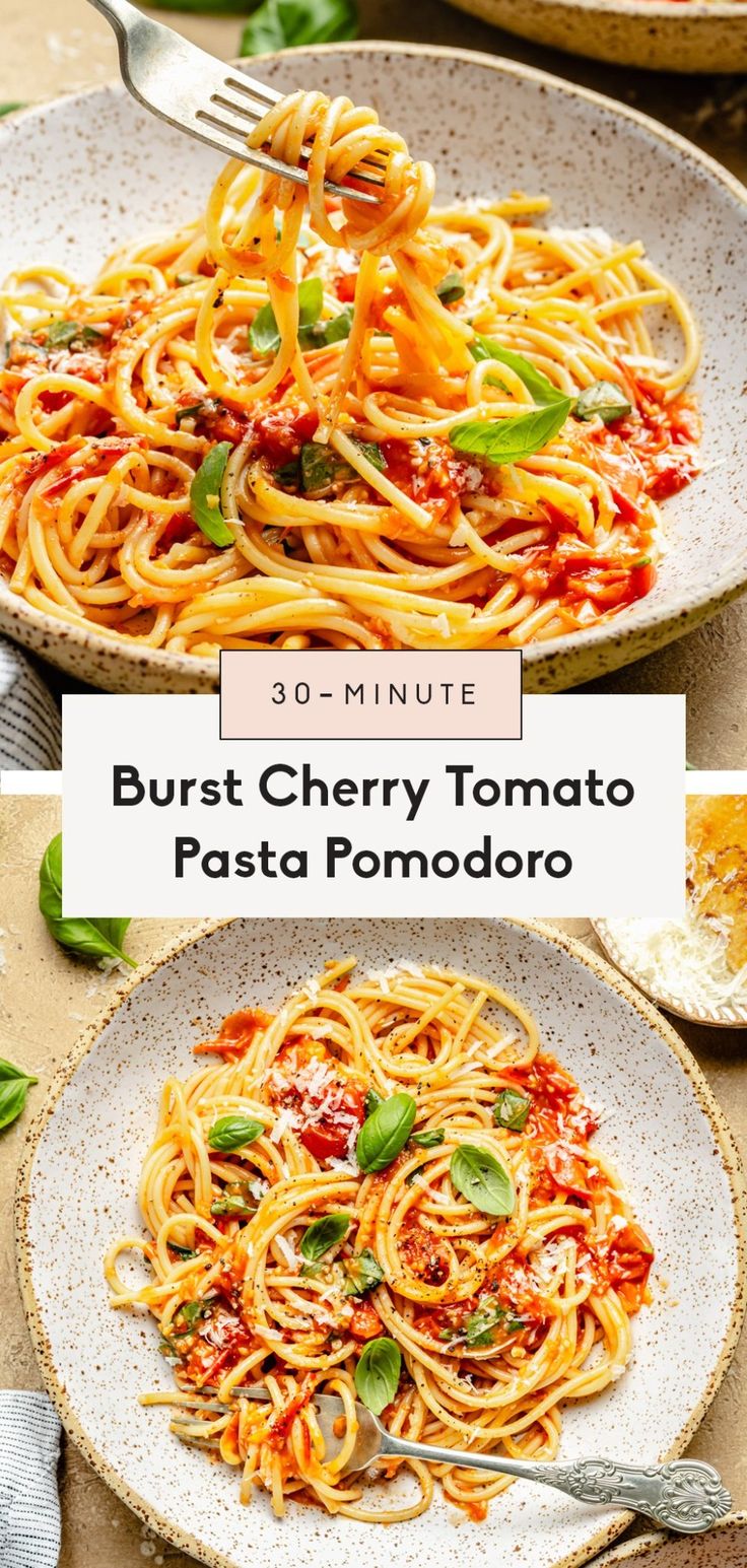 two plates of pasta with tomato sauce and basil leaves on top, one plate is topped with