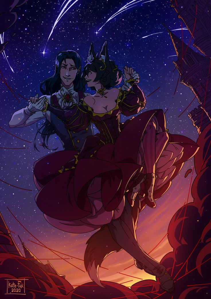 two women in red dresses are flying through the night sky with stars above their heads