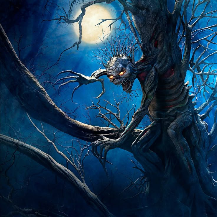 a painting of a creepy tree with an evil face on it's head and eyes