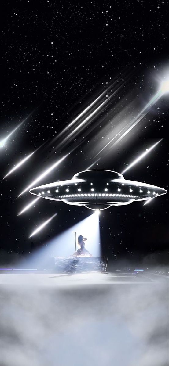 an alien ship flying through the air with lights on it's head and two people sitting in front of it