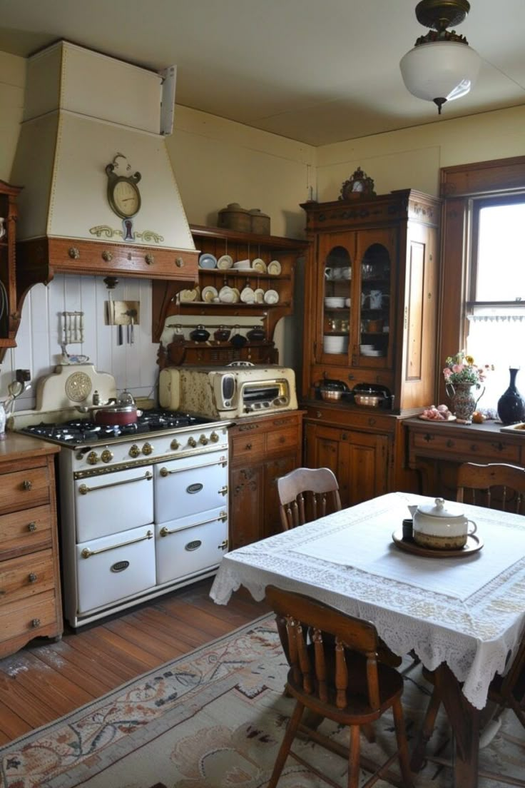 an old fashioned kitchen with white appliances and wooden cabinets in the corner, along with a dining room table