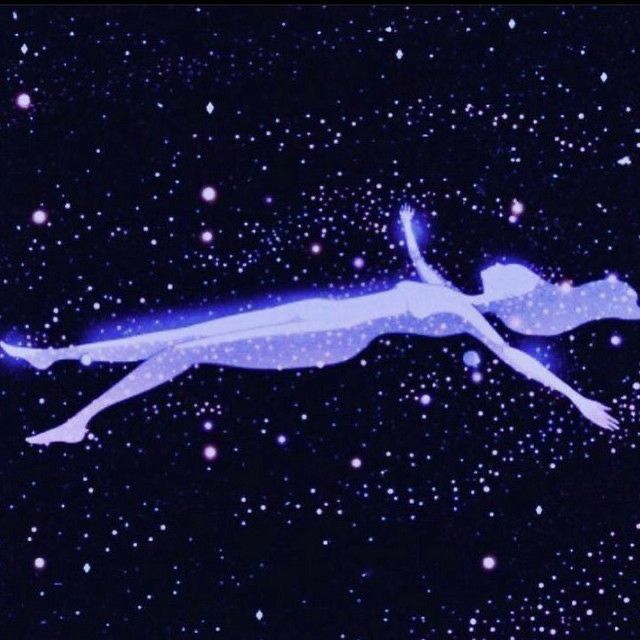 the silhouette of a woman floating in space with stars all around her, as if she is falling down