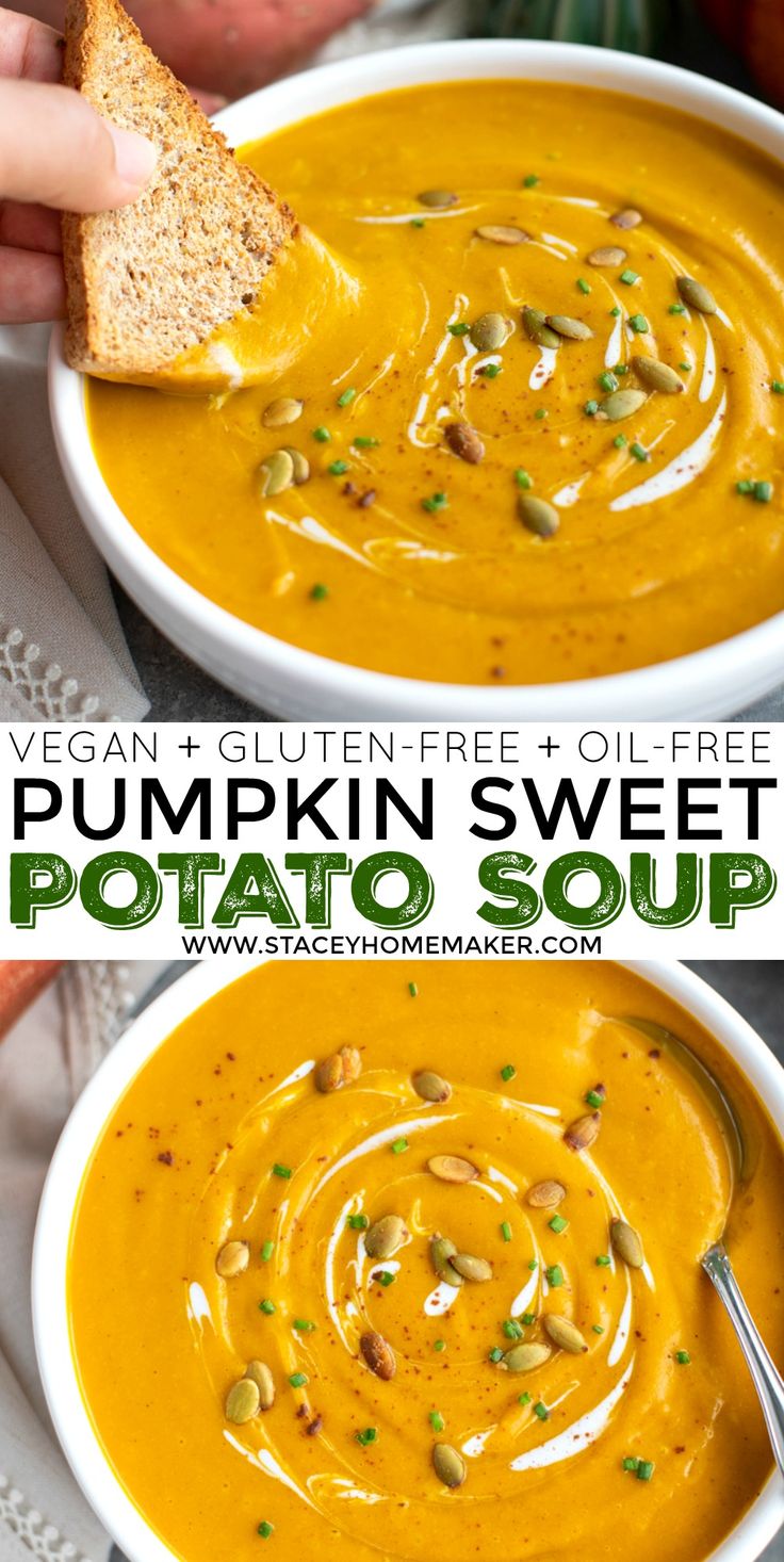 two bowls of pumpkin sweet potato soup with toasted bread